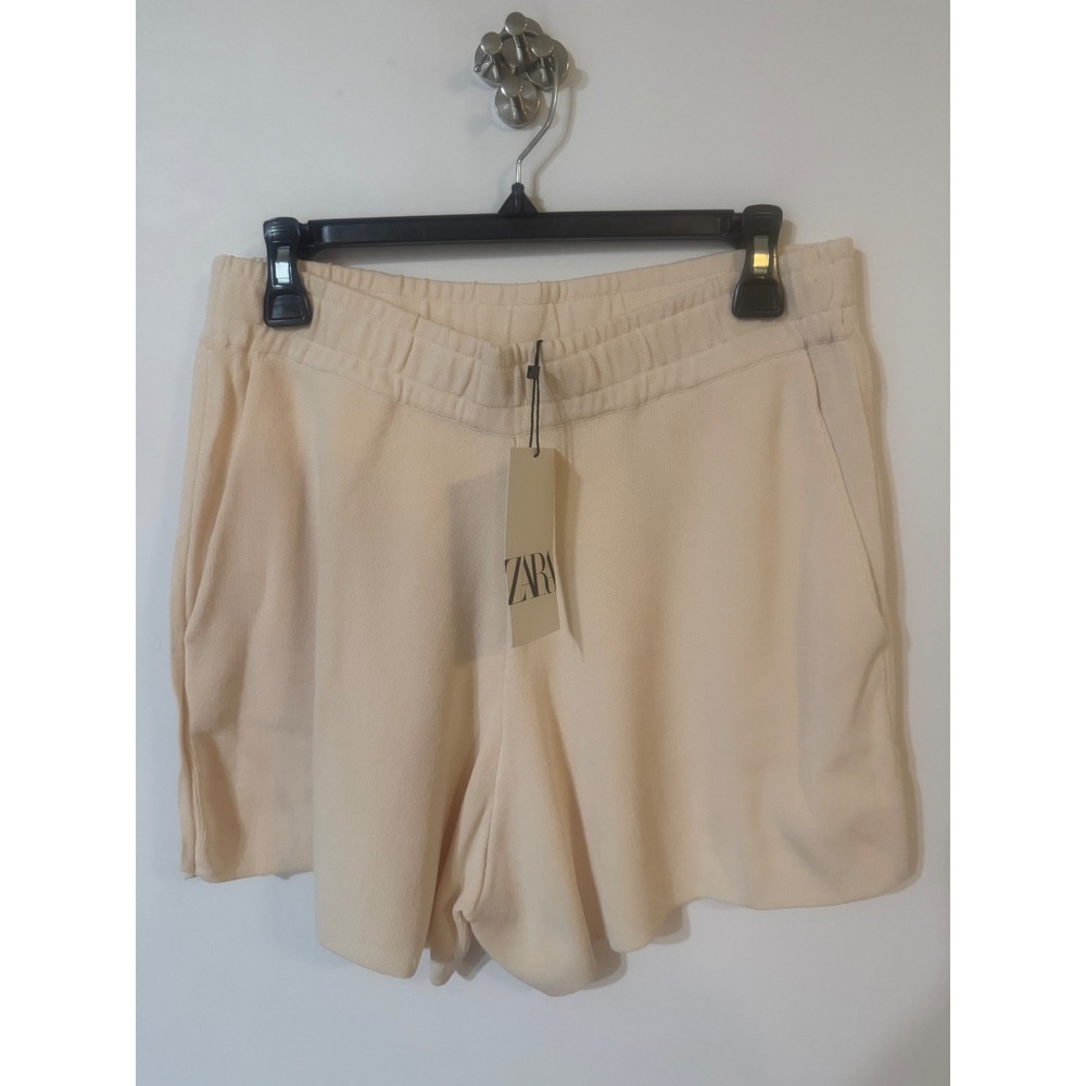 Zara Womens Beige Knit High Waisted Shorts Elastic Waist Pockets Cream Large NEW